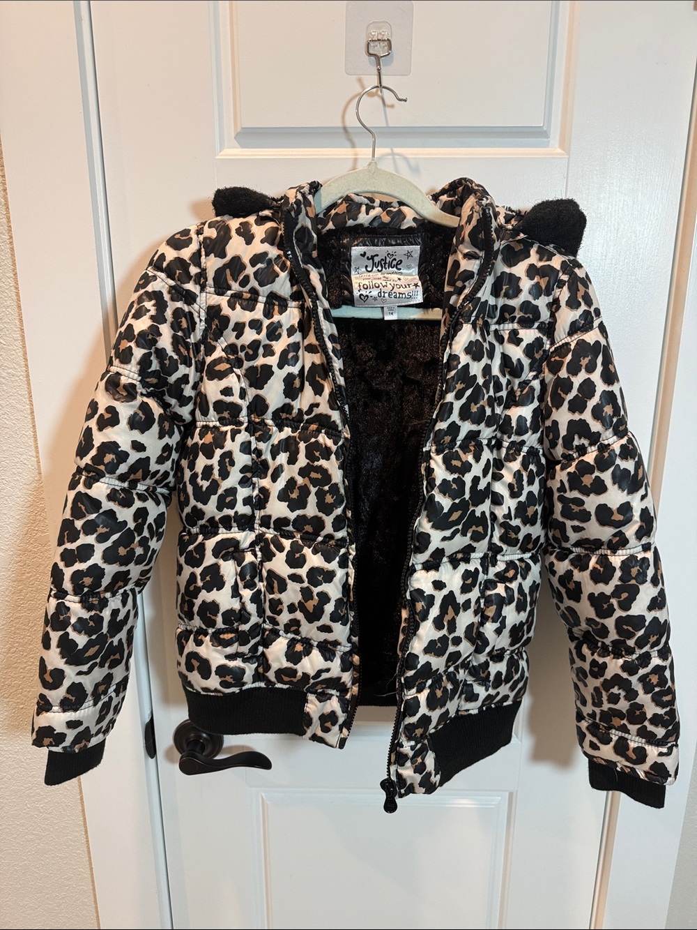 Justice Girls' Leopard Print Puffer Jacket - Black & Cream
